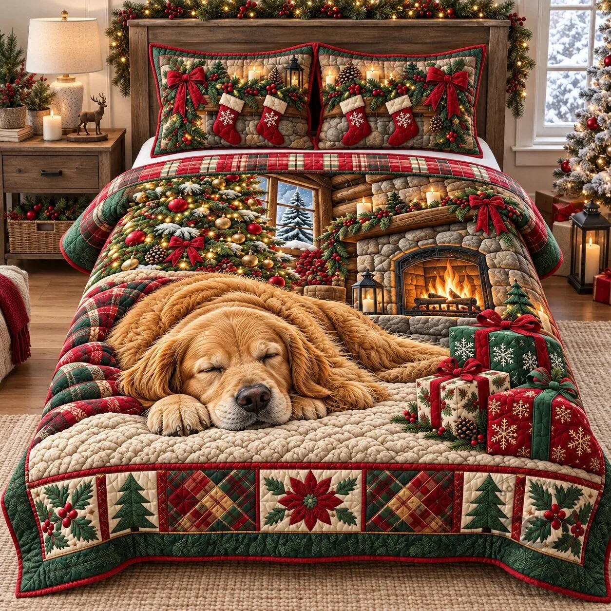 Sleeping Golden Retriever Christmas Cabin Quilted Bedding Set