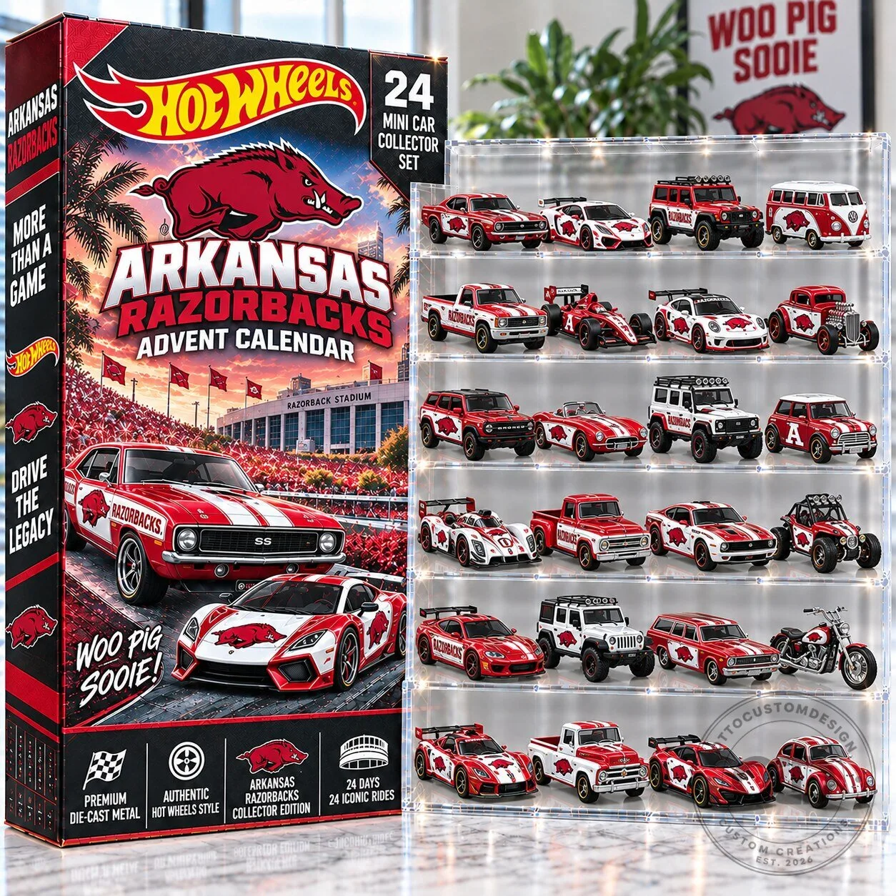 Arkansas Razorbacks Hot Wheels 24 Mini Car Collector Set Advent Calendar