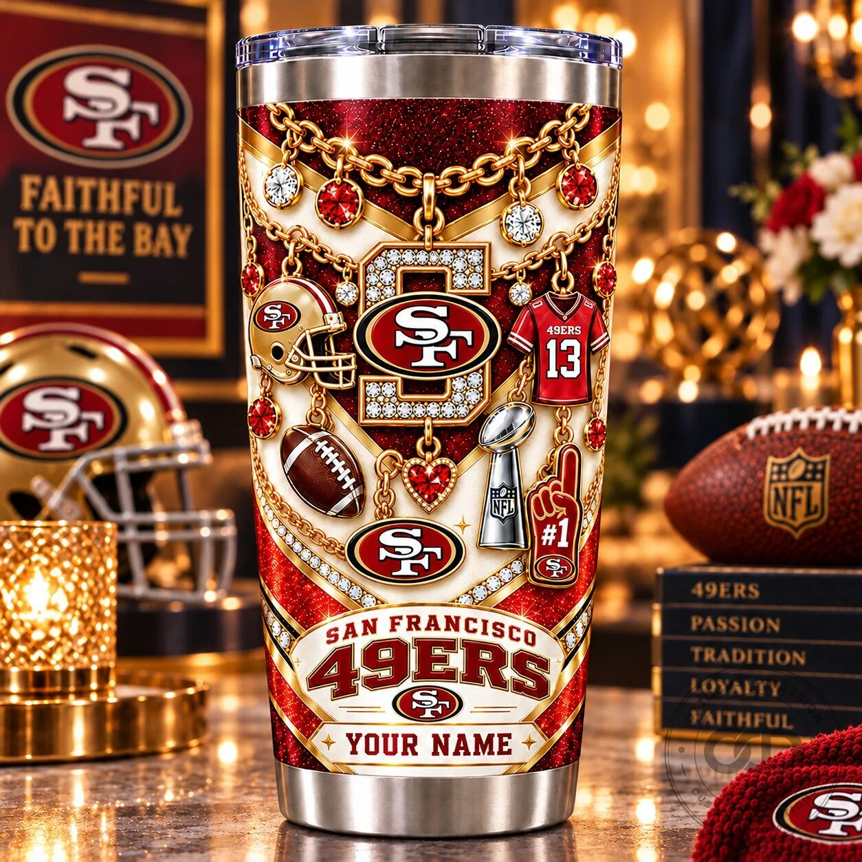 San Francisco 49ers Personalized Sparkle Bling Design Stainless Steel Tumbler