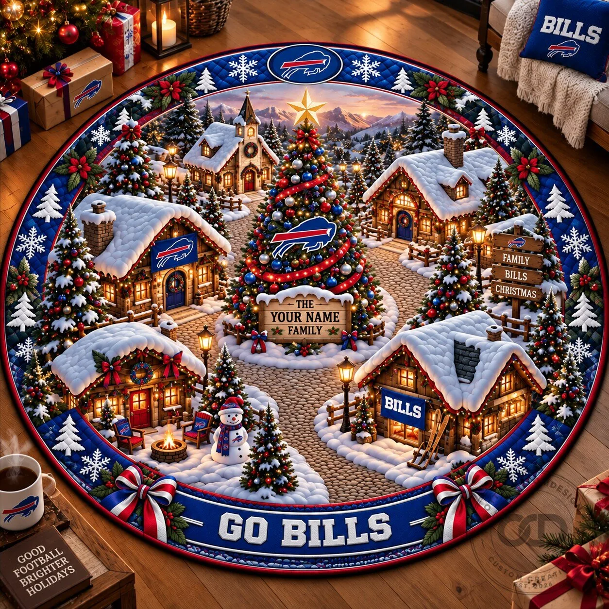 Buffalo Bills NFL Christmas Village Personalized Round Rug