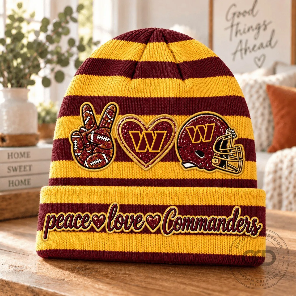 Washington Commanders Football Team Peace Love Commanders Striped Beanie Hat