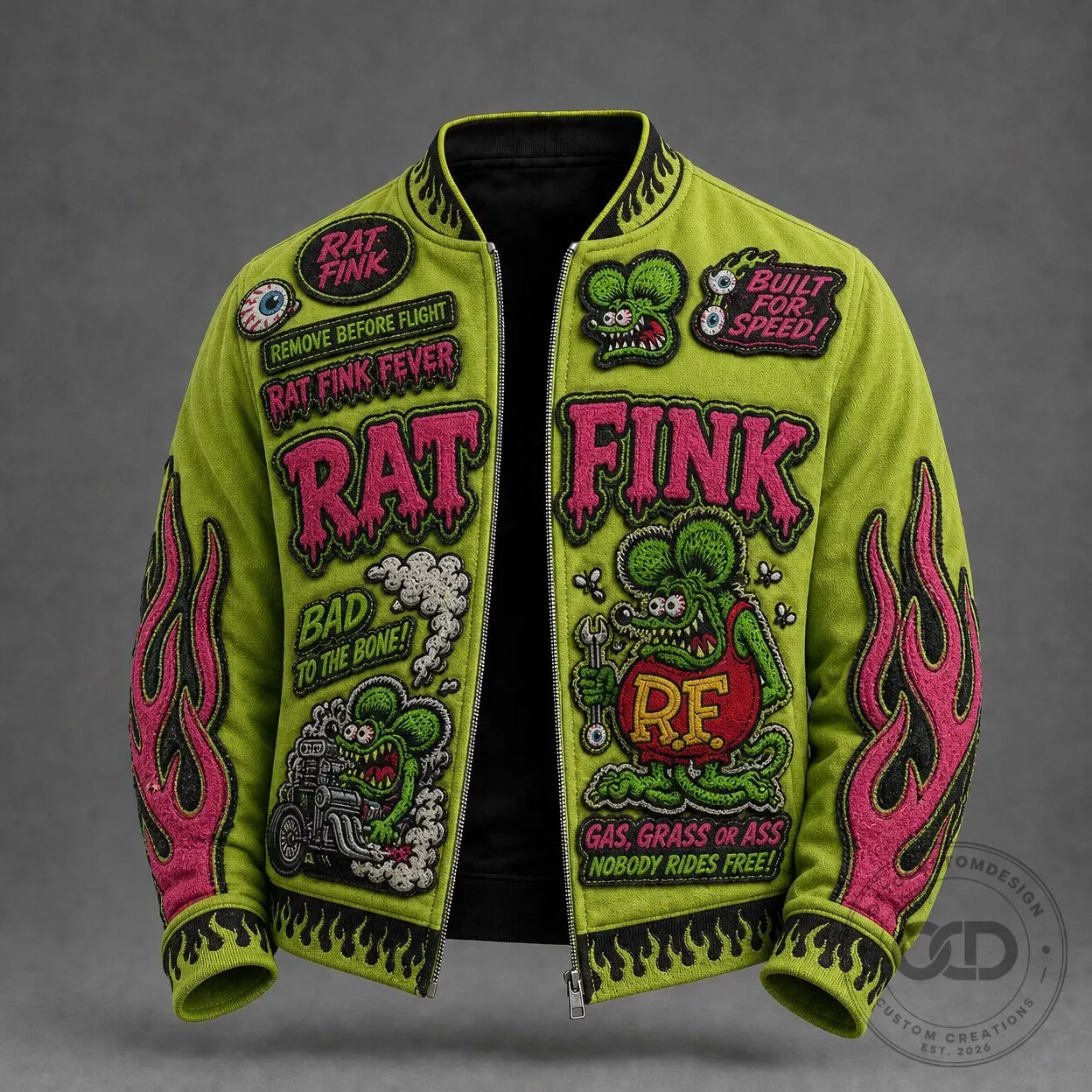 Rat Fink Hot Rod Streetwear Embroidered Bomber Jacket, Ed Roth Inspired Cartoon Art