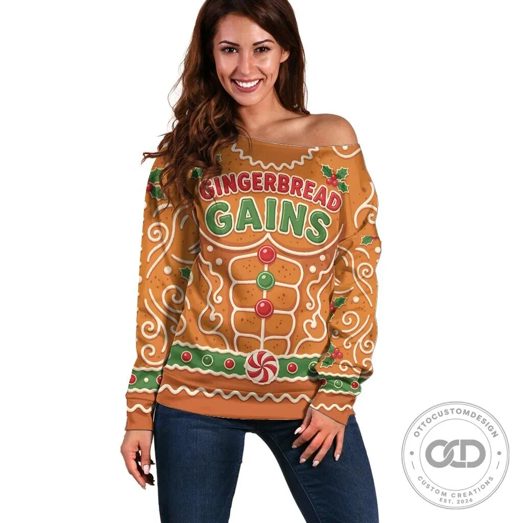 Gingerbread Gains Christmas Bodybuilder Off Shoulder Long Sleeve Sweatshirt