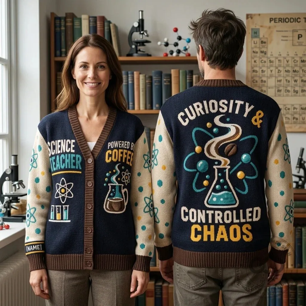 Science Teacher Powered By Coffee Curiosity Controlled Chaos Cardigan