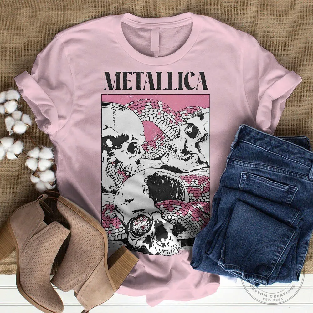 Metallica Skulls and Snakes Graphic Print Pink Band T-Shirt