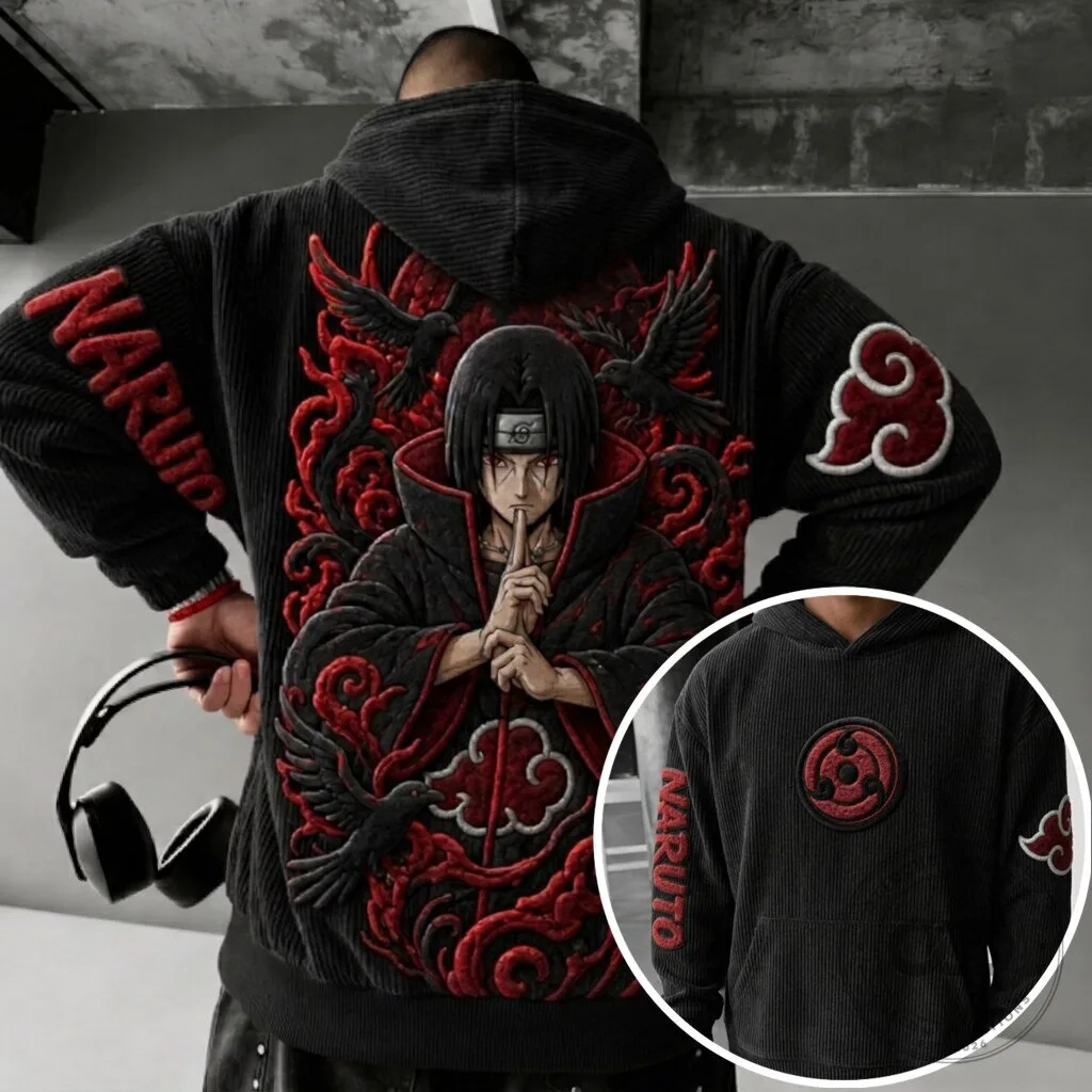 Naruto Itachi Uchiha Akatsuki Cloud Embroidered Corduroy Hoodie