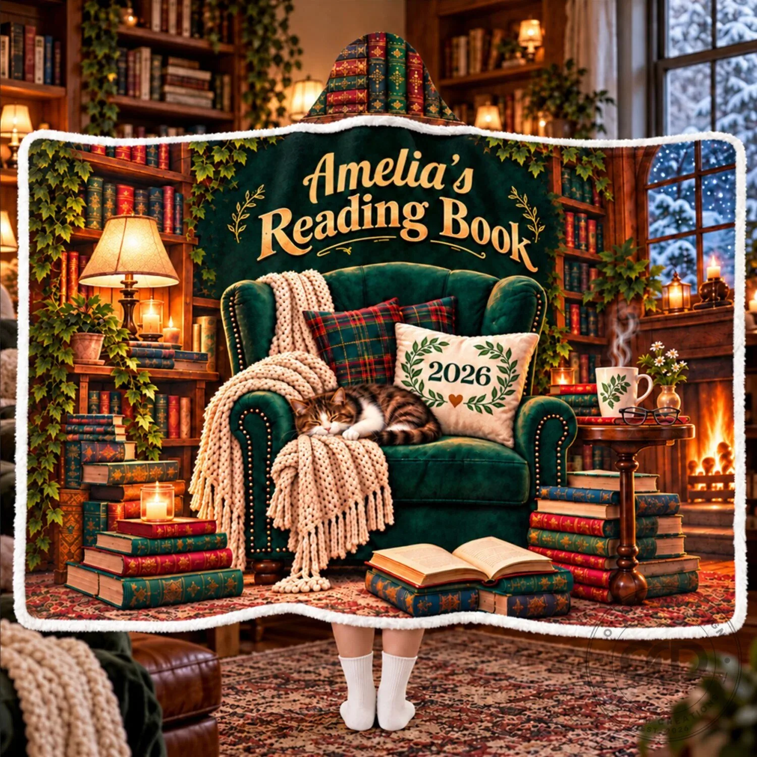 Personalized Reading Nook Hooded Blanket for Book Lovers and Cat Owners