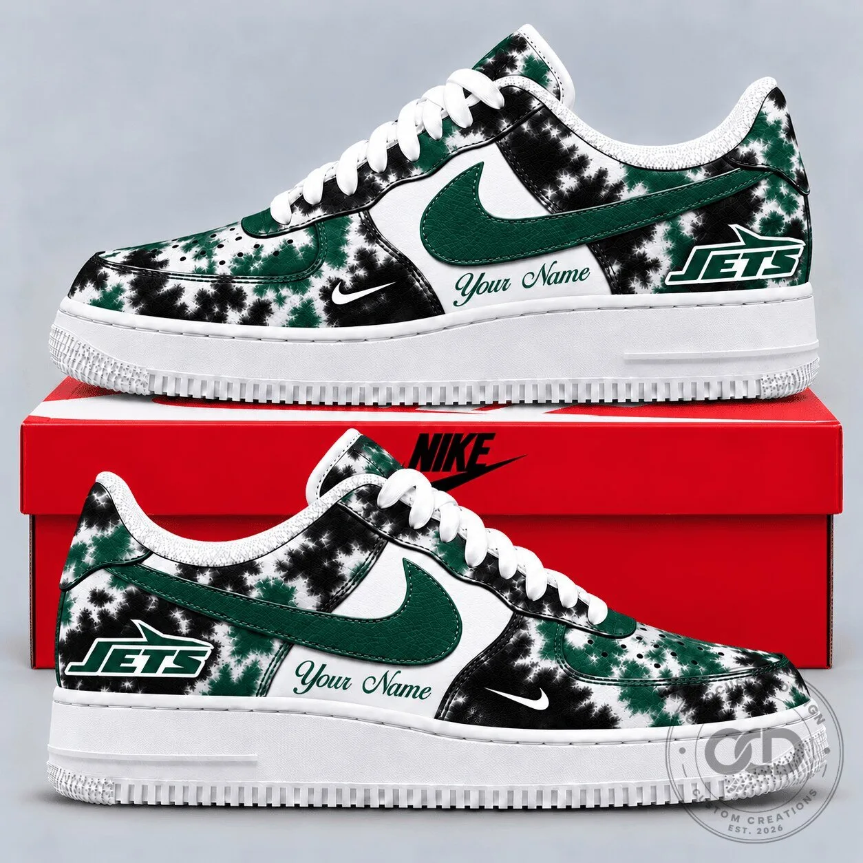 New York Jets Custom Name Tie Dye Pattern White and Green Sneakers