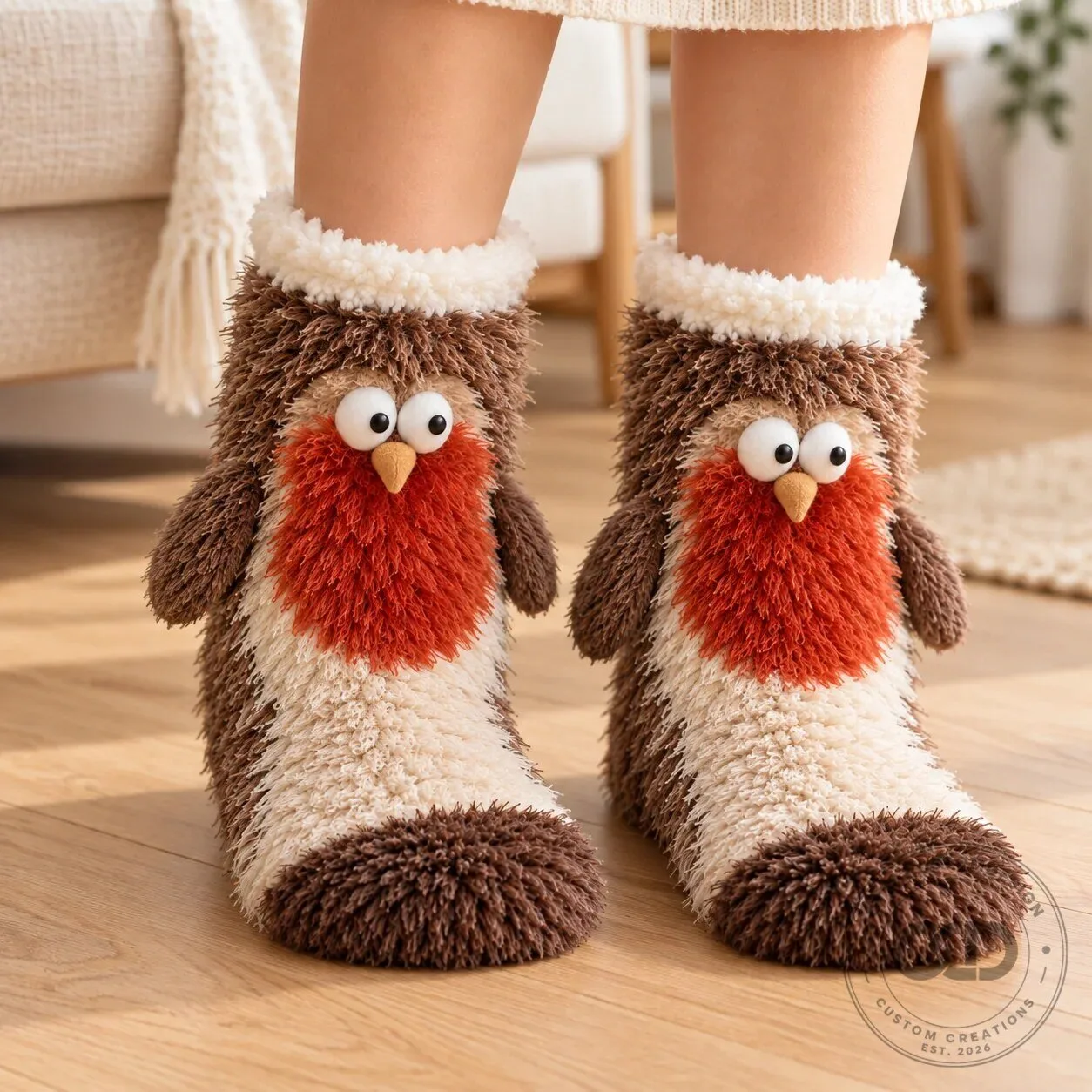 Cute Robin Bird Fuzzy Slipper Socks for Women, Cozy and Warm Winter Footwear