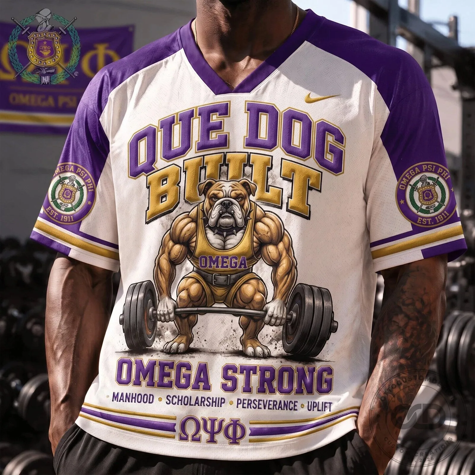 Baseball Jersey Featuring Omega Psi Phi Fraternity's Que Dog Design, Omega Strong