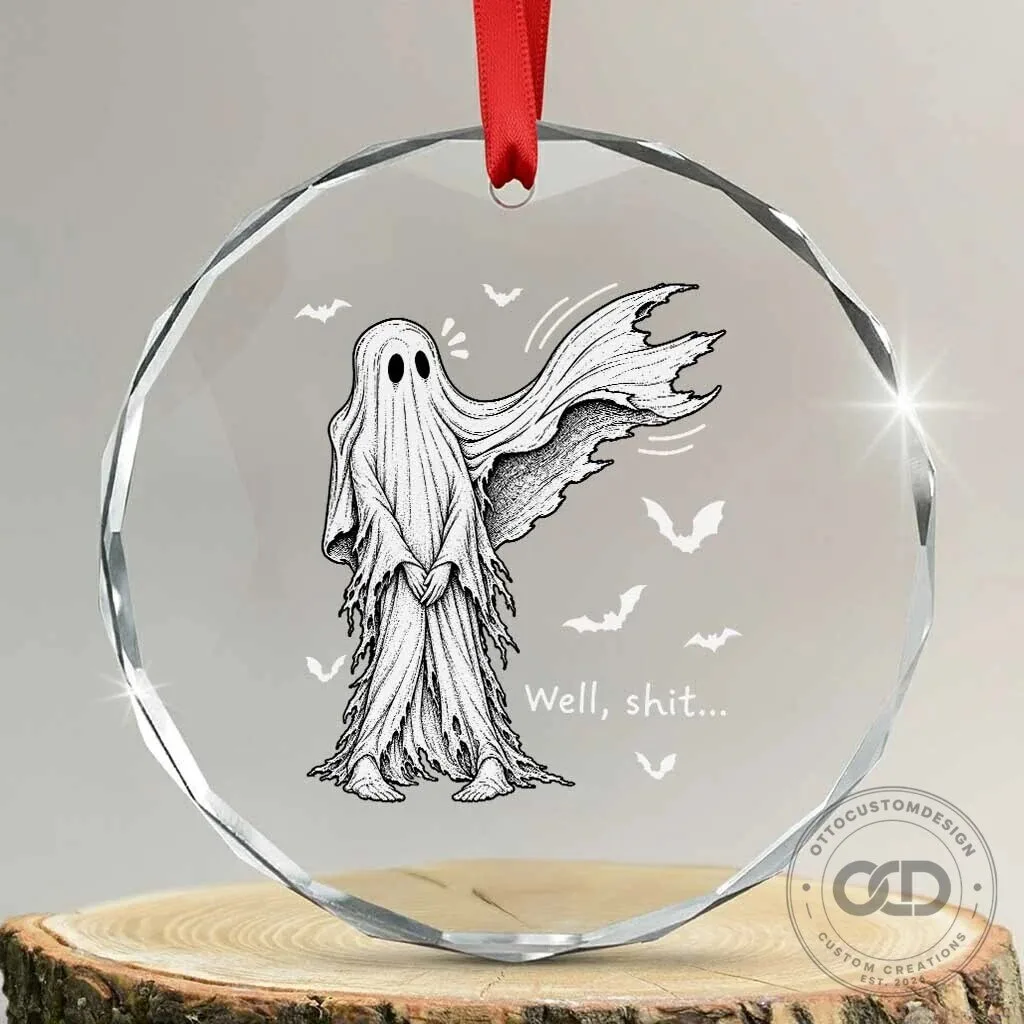 Funny Halloween Ghost Well Shit Wind Blown Sheet Crystal Glass Ornament