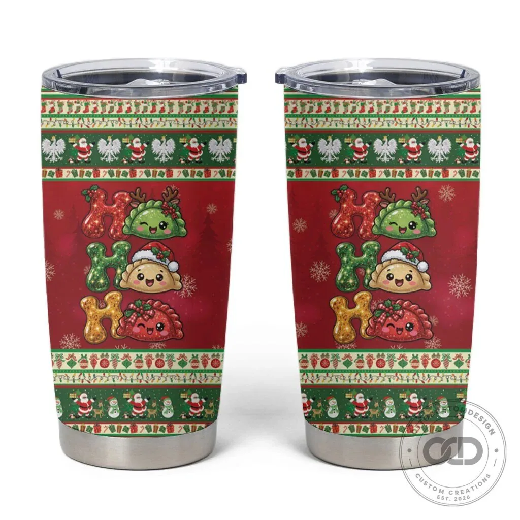 Tumbler with Poland Christmas Ho Ho Ho Squishy Pierogi Ugly Sweater Design