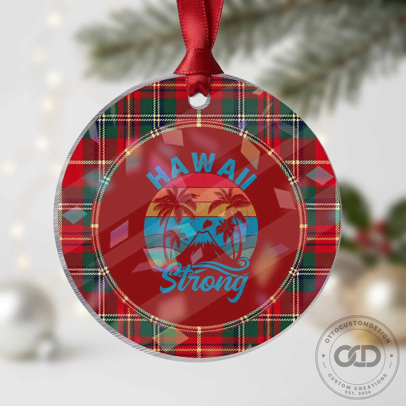Hawaii Strong Retro Sunset Tropical Holographic Acrylic Ornament Volcano Hawaiian Islands