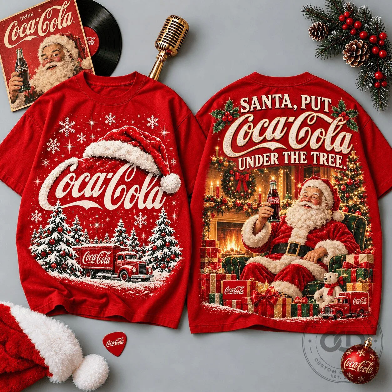 Coca-Cola Santa Claus Christmas Holiday Red Snowflakes T-Shirt