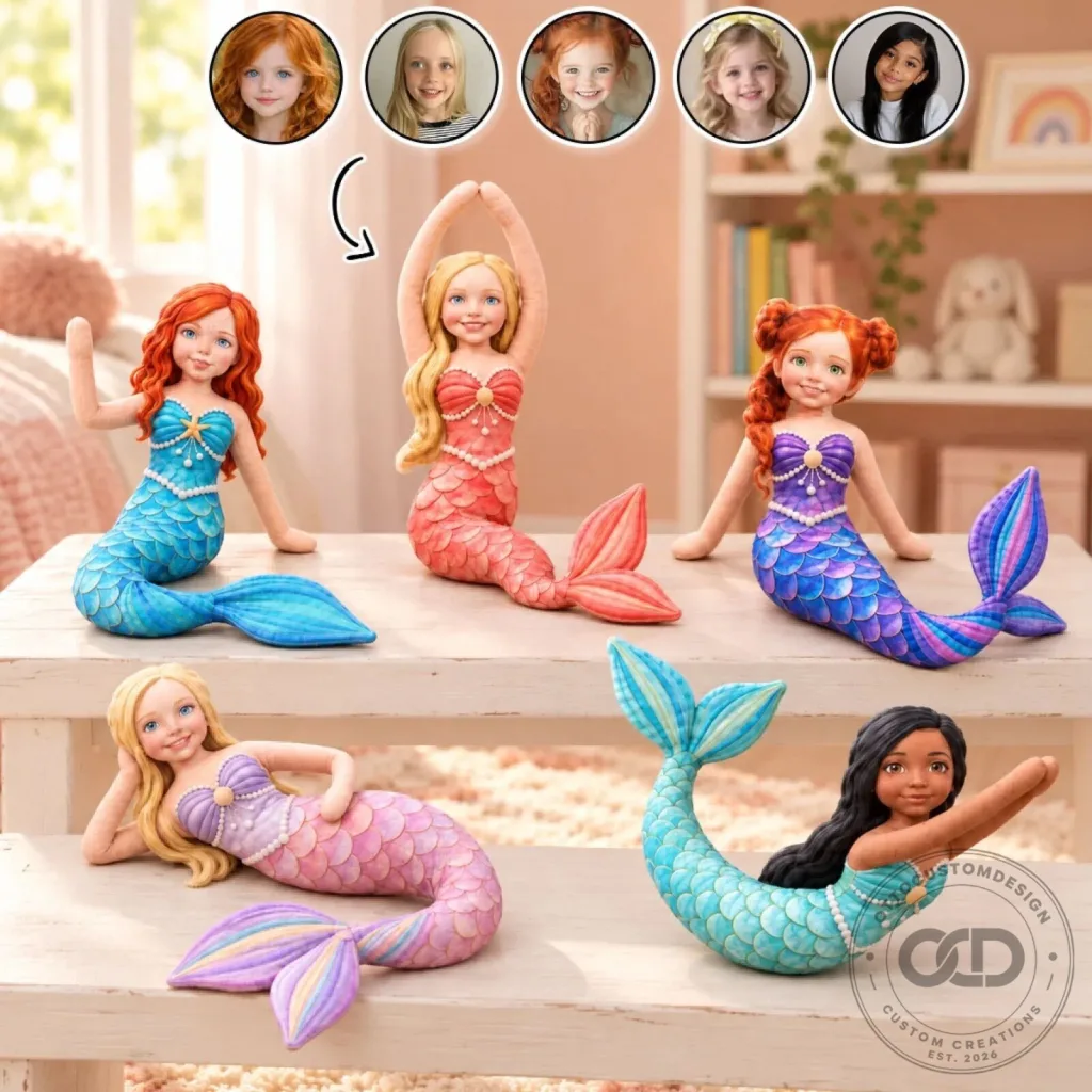 Personalized Mermaid Poseable Plush Doll with Custom Face and Hair Personalized Mermaid Poseable Plush Doll with Custom Face and Hair