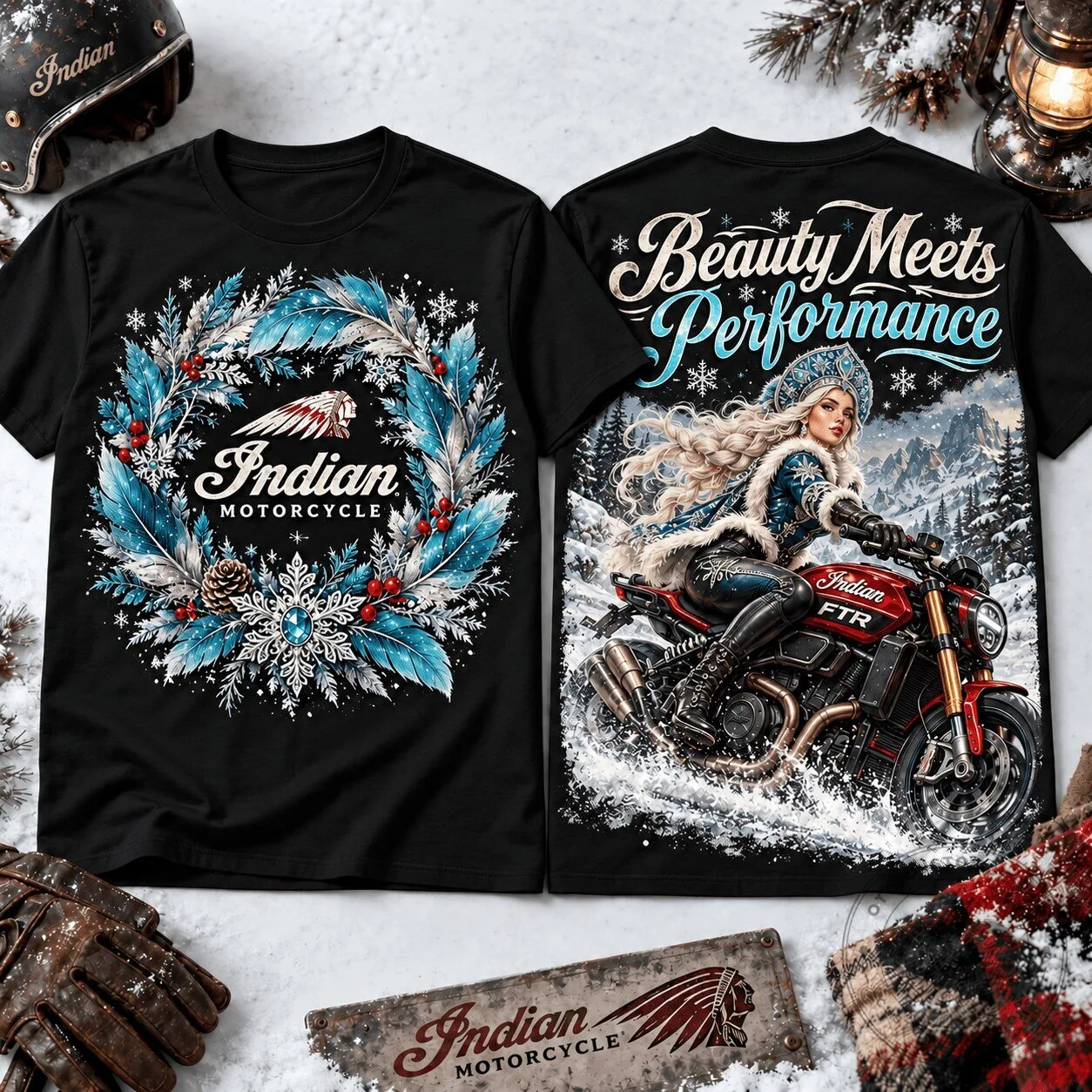 Indian Motorcycle Snow Queen Winter Biker Christmas T-Shirt