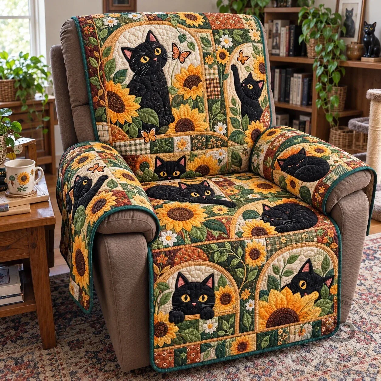 Black Cat Sunflower Quilted Recliner Cover
