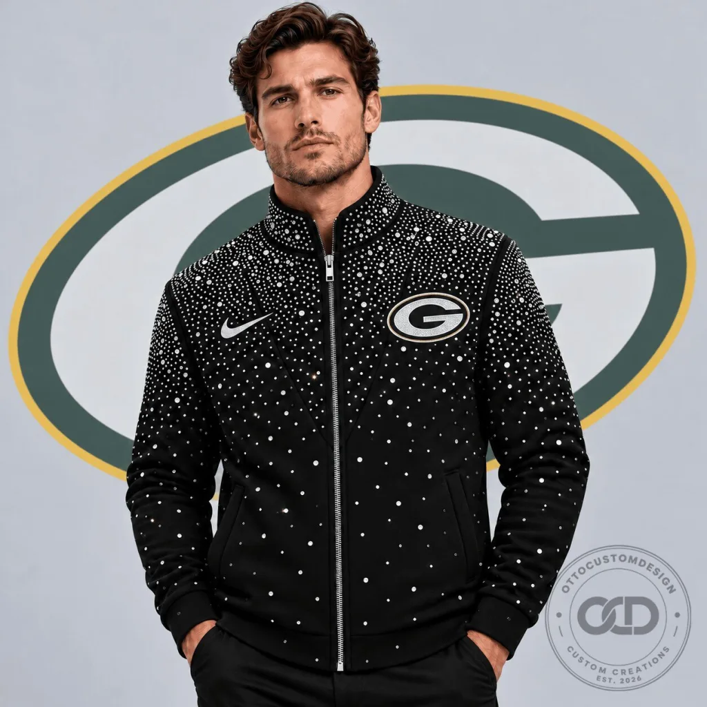 Green Bay Packers Sparkling Rhinestone Effect Full Zip Stand Collar Jacket Green Bay Packers Sparkling Rhinestone Effect Full Zip Stand Collar Jacket