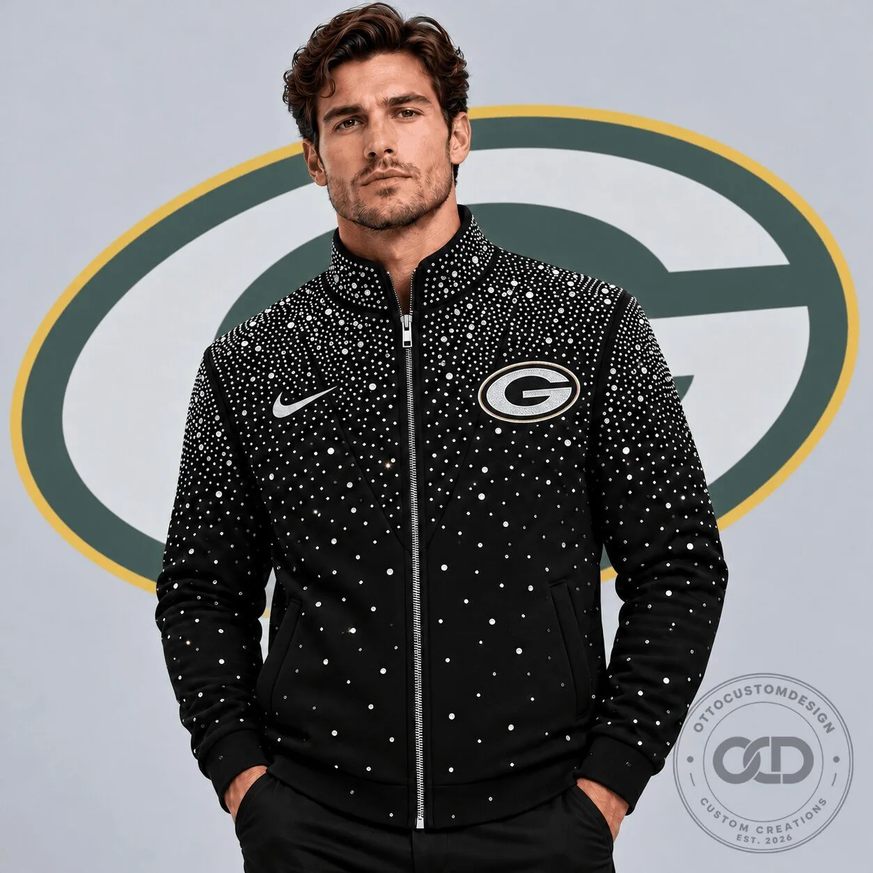 Green Bay Packers Sparkling Rhinestone Effect Full Zip Stand Collar Jacket