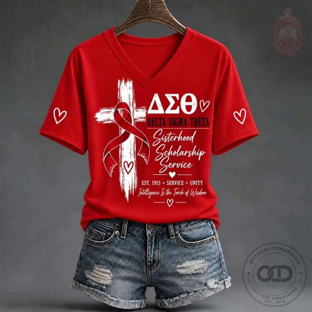 Red V-Neck T-Shirt for Delta Sigma Theta Sisterhood Scholarship Service Red V-Neck T-Shirt for Delta Sigma Theta Sisterhood Scholarship Service