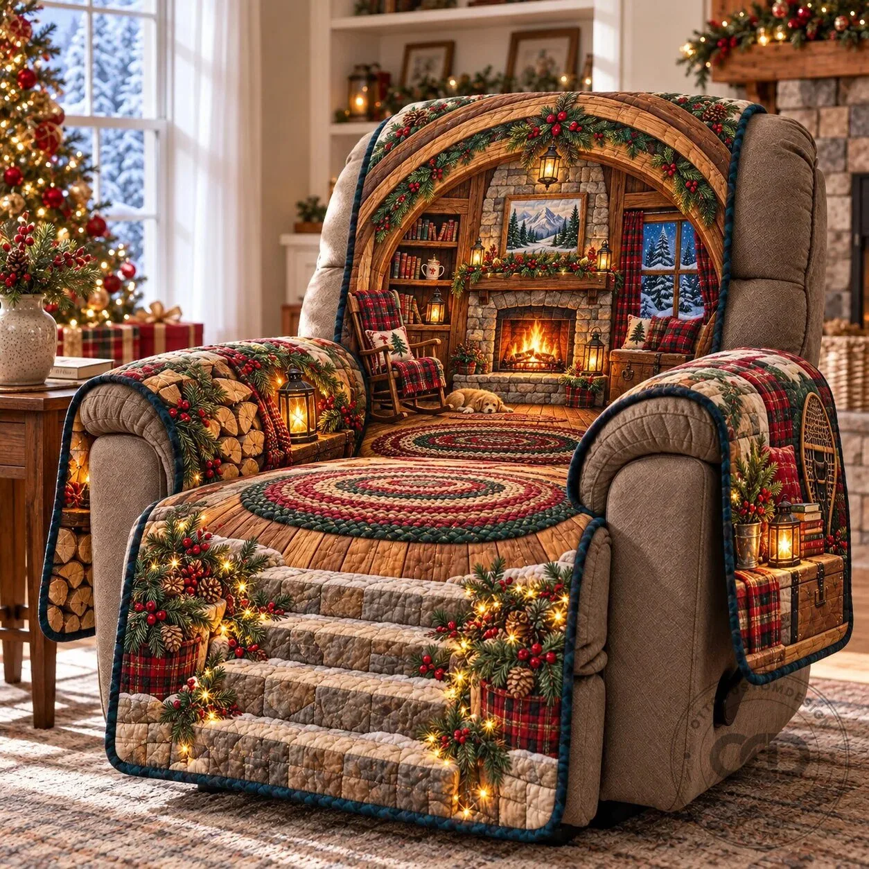 Christmas Hearth Quilted Recliner Cover with Fireplace and Winter Scene