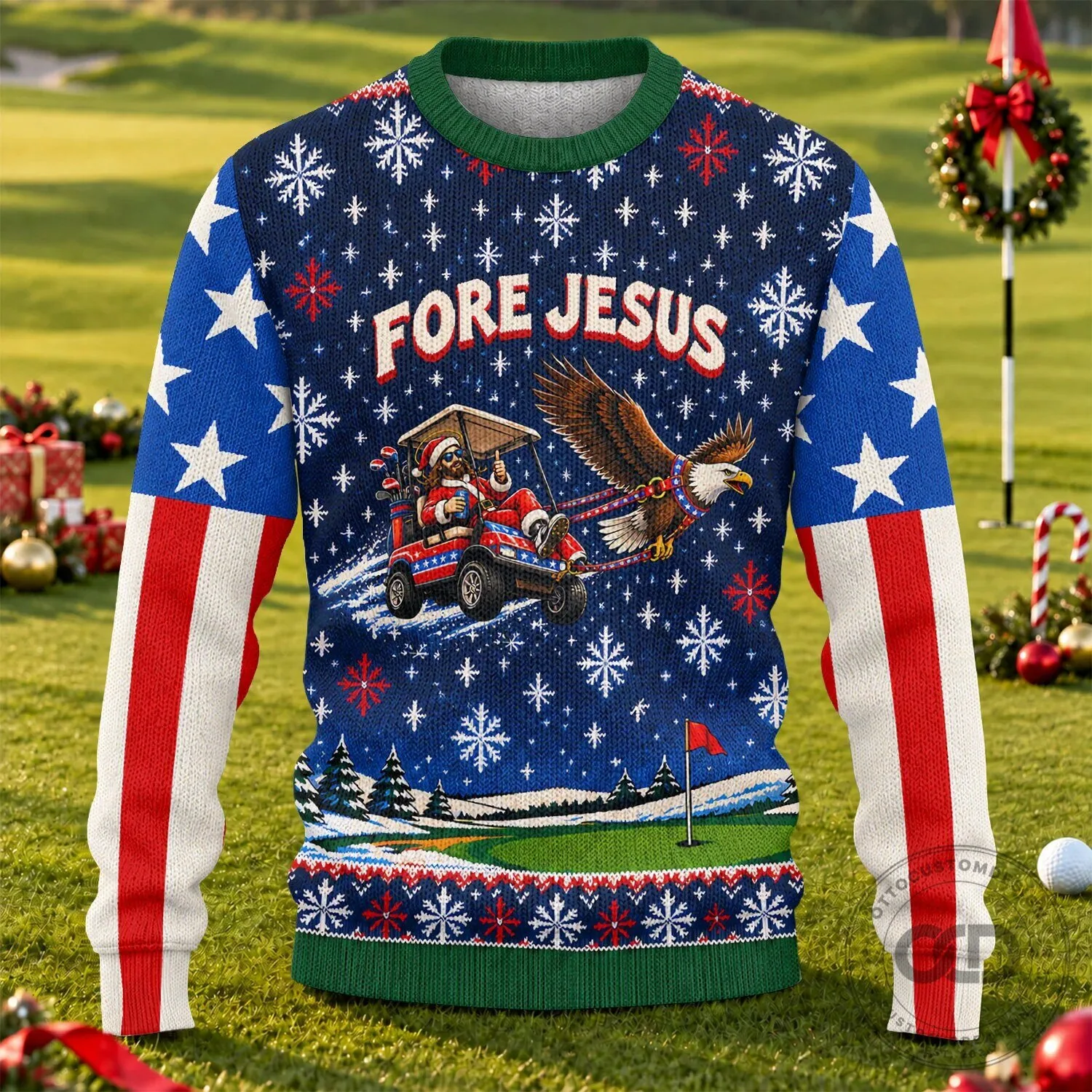 Fore Jesus Golfing Santa Claus American Flag Ugly Christmas Sweater