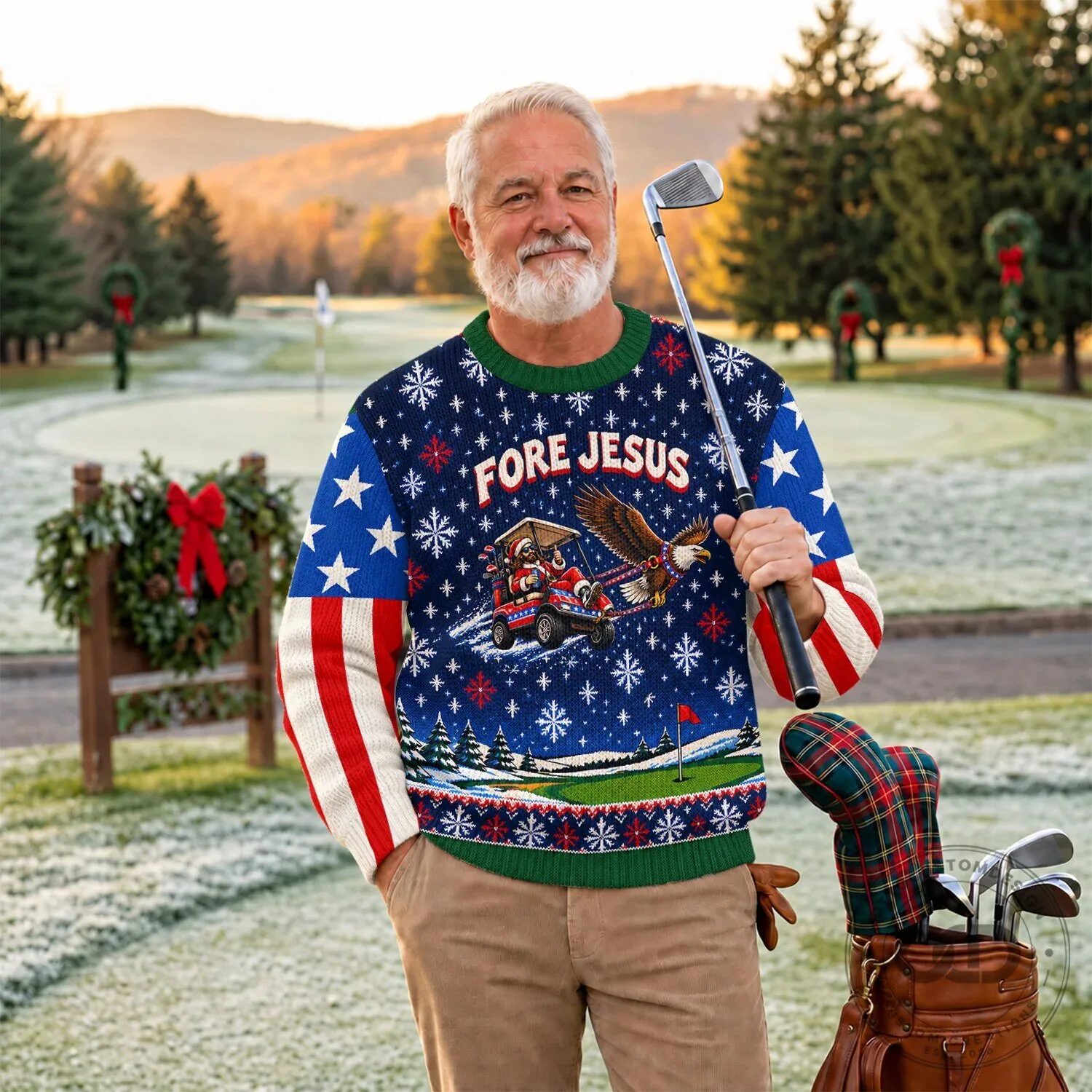 Fore Jesus Golfing Santa Claus American Flag Ugly Christmas Sweater 14 Fore Jesus Golfing Santa Claus American Flag Ugly Christmas Sweater