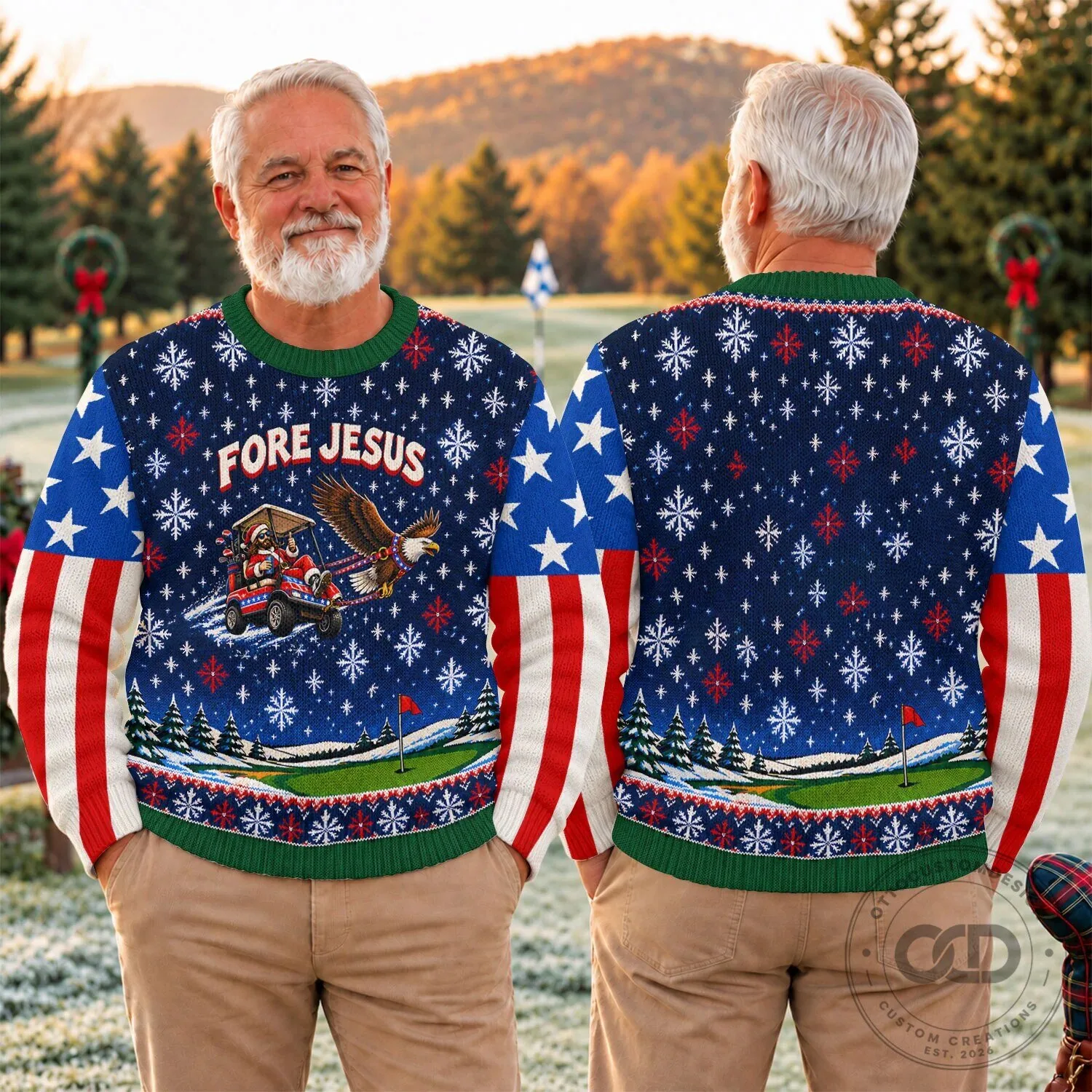 Fore Jesus Golfing Santa Claus American Flag Ugly Christmas Sweater 15 Fore Jesus Golfing Santa Claus American Flag Ugly Christmas Sweater