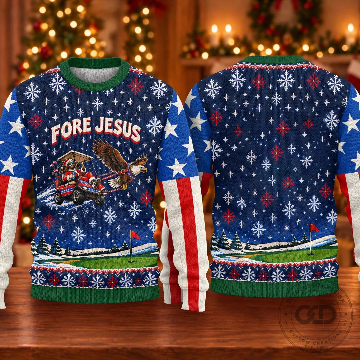 Fore Jesus Golfing Santa Claus American Flag Ugly Christmas Sweater 16 Fore Jesus Golfing Santa Claus American Flag Ugly Christmas Sweater