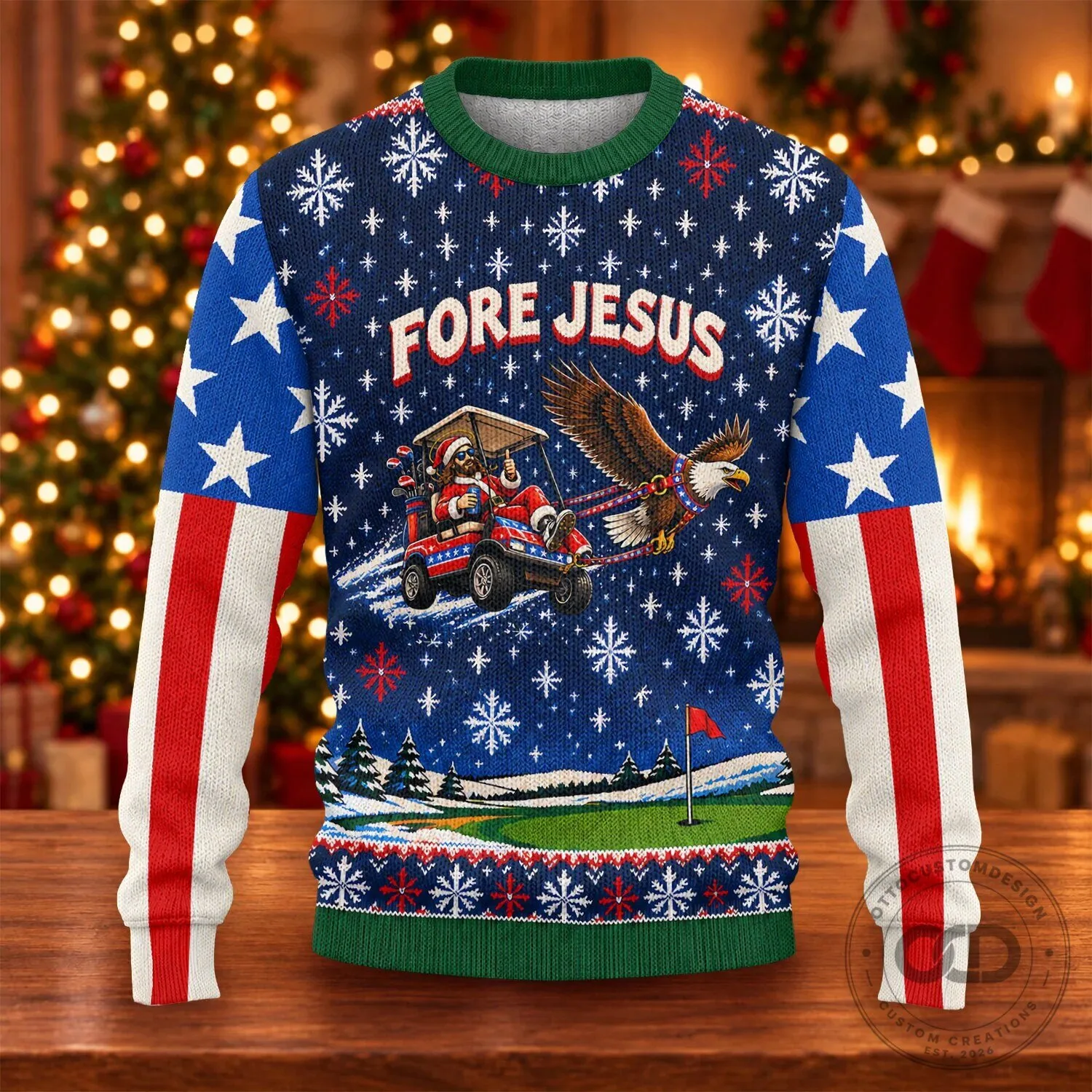 Fore Jesus Golfing Santa Claus American Flag Ugly Christmas Sweater 17 Fore Jesus Golfing Santa Claus American Flag Ugly Christmas Sweater