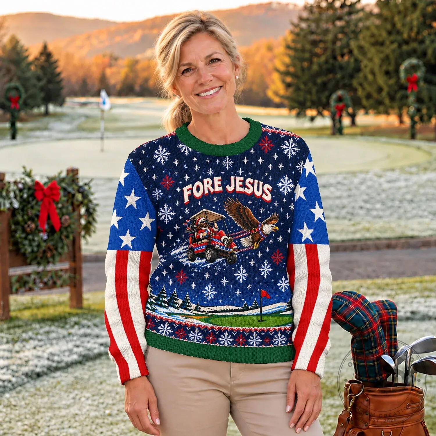 Fore Jesus Golfing Santa Claus American Flag Ugly Christmas Sweater 18 Fore Jesus Golfing Santa Claus American Flag Ugly Christmas Sweater