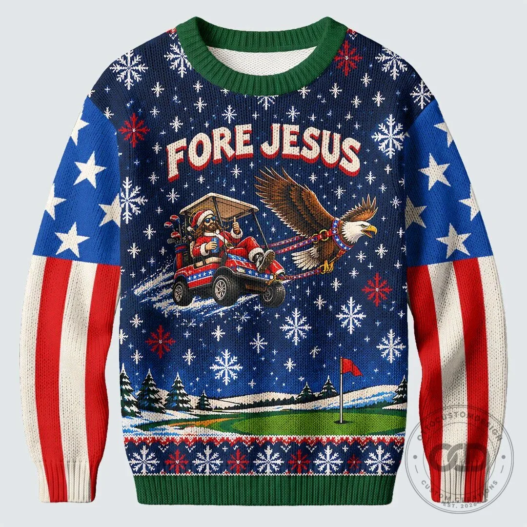 Fore Jesus Golfing Santa Claus American Flag Ugly Christmas Sweater 19 Fore Jesus Golfing Santa Claus American Flag Ugly Christmas Sweater