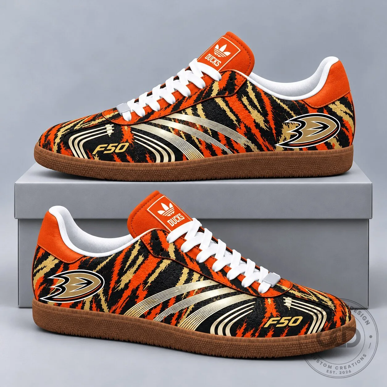 Anaheim Ducks Tiger Print Low Top Sneakers with Fierce Striped Design and Gum Sole