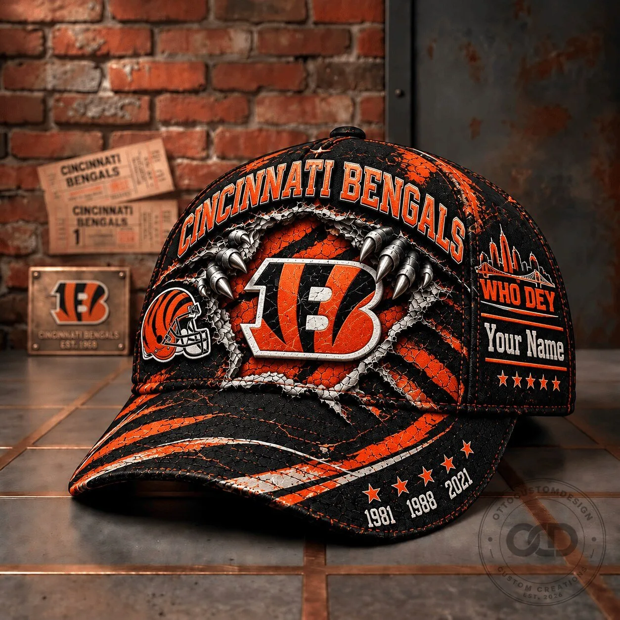 Cincinnati Bengals Claw Ripped Star Distressed Personalized Baseball Cap Hat