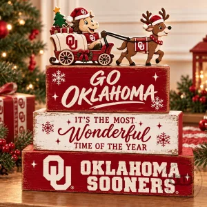 Oklahoma Sooners Christmas Holiday Stacked Wooden Block Tabletop Decor Sign