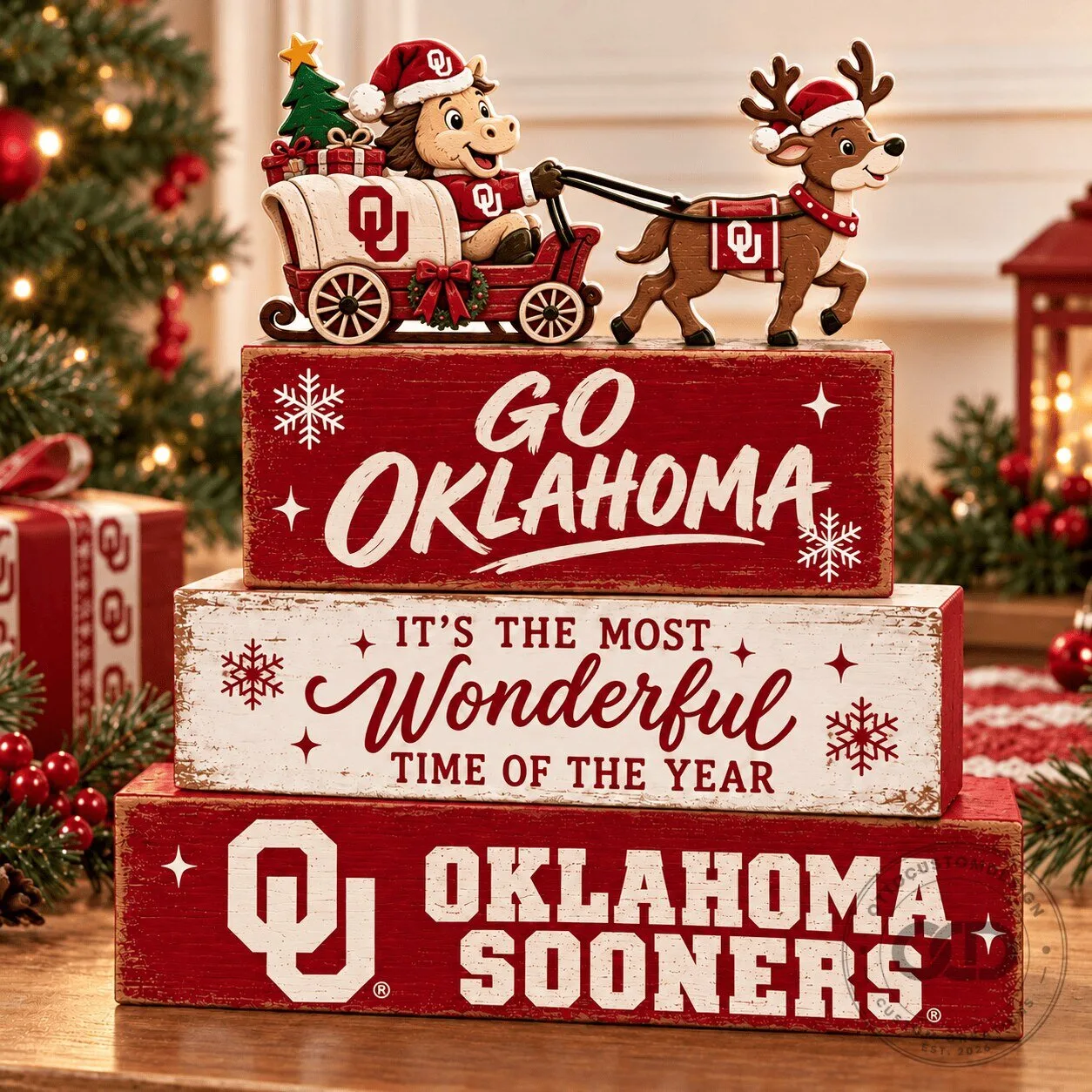 Oklahoma Sooners Christmas Holiday Stacked Wooden Block Tabletop Decor Sign