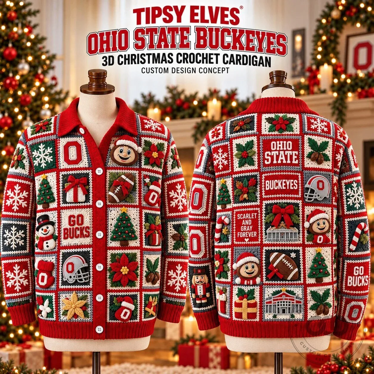 Ohio State Buckeyes 3D Christmas Crochet Cardigan Sweater for Holiday Season 3 Ohio State Buckeyes 3D Christmas Crochet Cardigan Sweater for Holiday Season